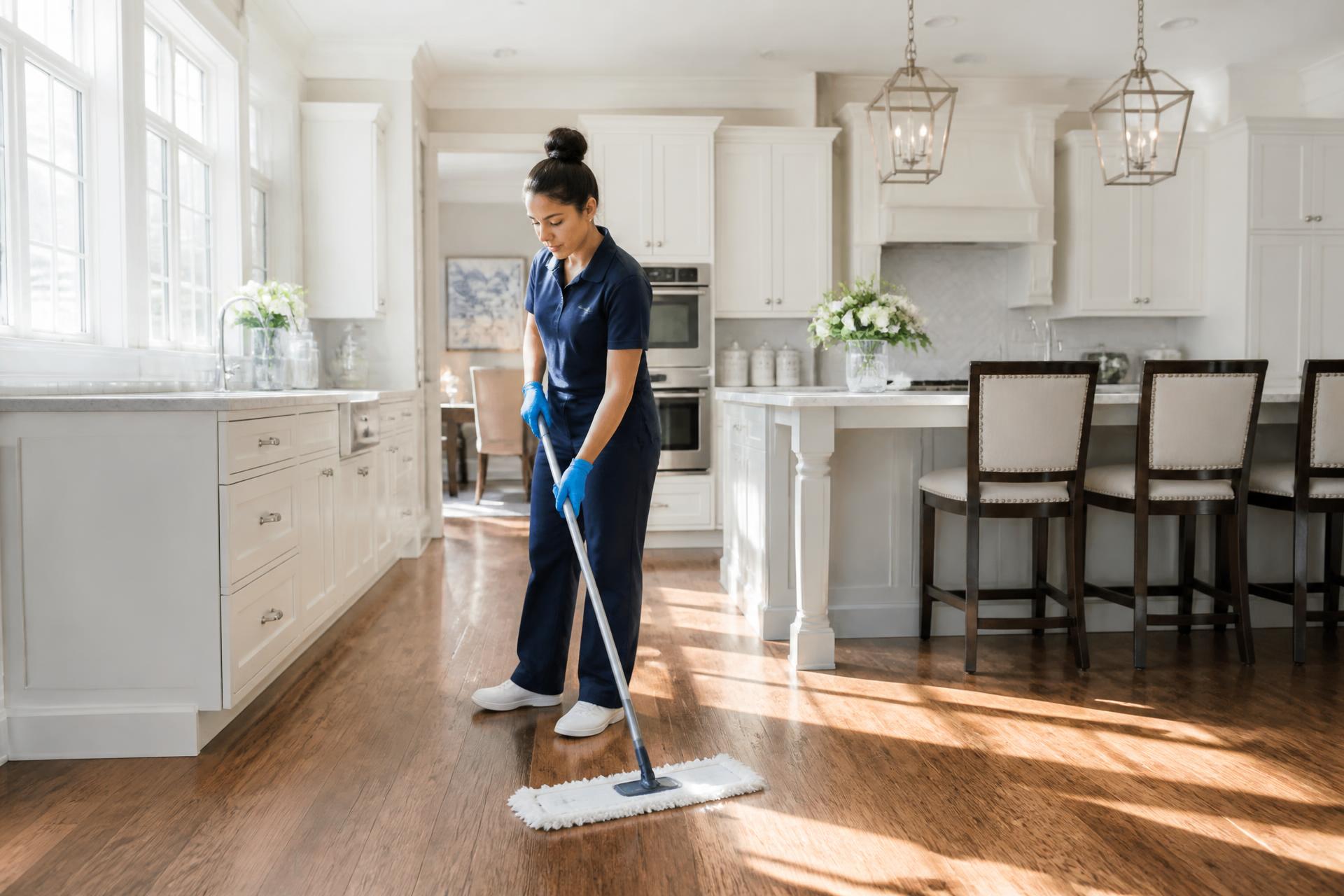 Cleaner mopping hardwood floors in a bright New England kitchen
